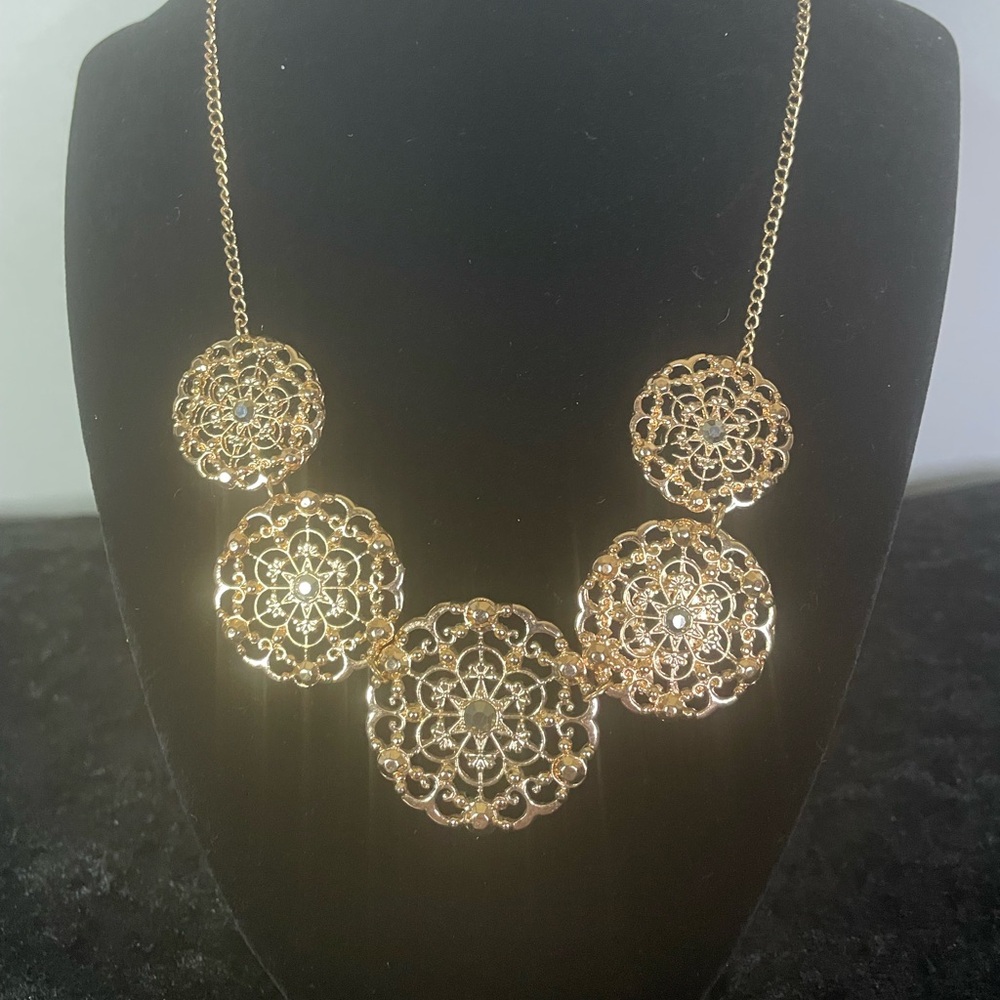 Rose-tone Gold 5 Disc Medallion Necklace Rhinestones 16” + 3” Extension